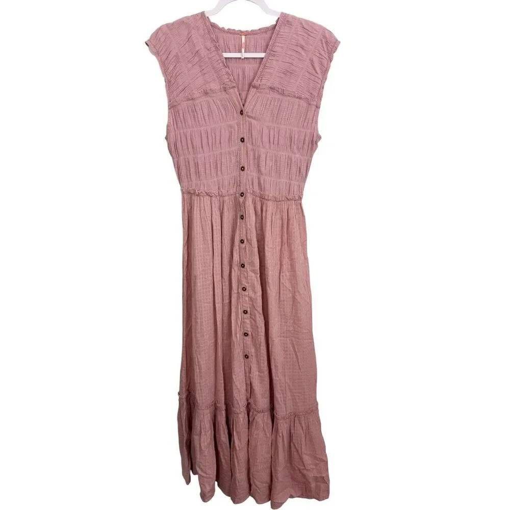 Free People Midi Dress Sz Medium Desert Dazed Pink Cotton Short Sleeve Smocked - Picture 2 of 9